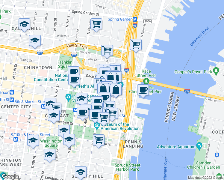 map of restaurants, bars, coffee shops, grocery stores, and more near 105 North Bread Street in Philadelphia