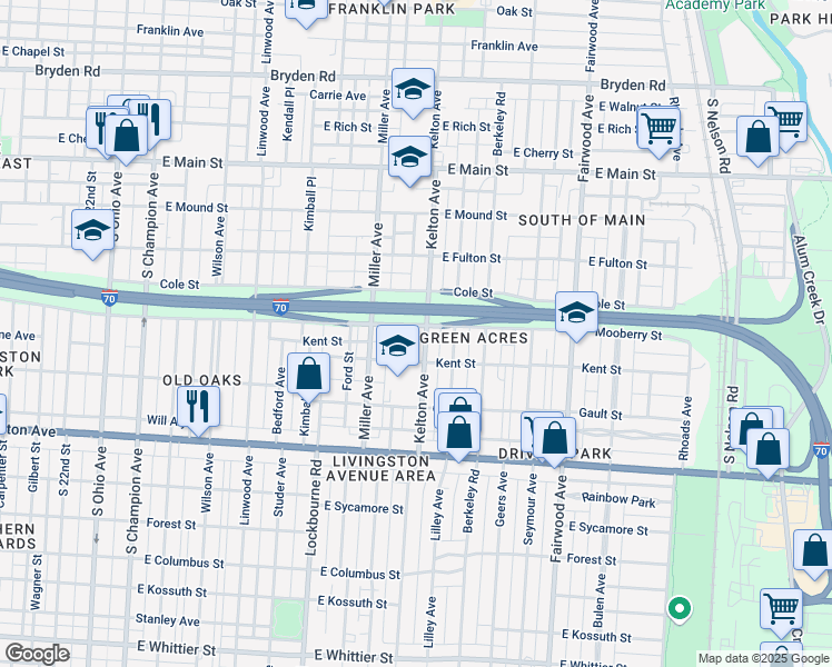 map of restaurants, bars, coffee shops, grocery stores, and more near in Columbus
