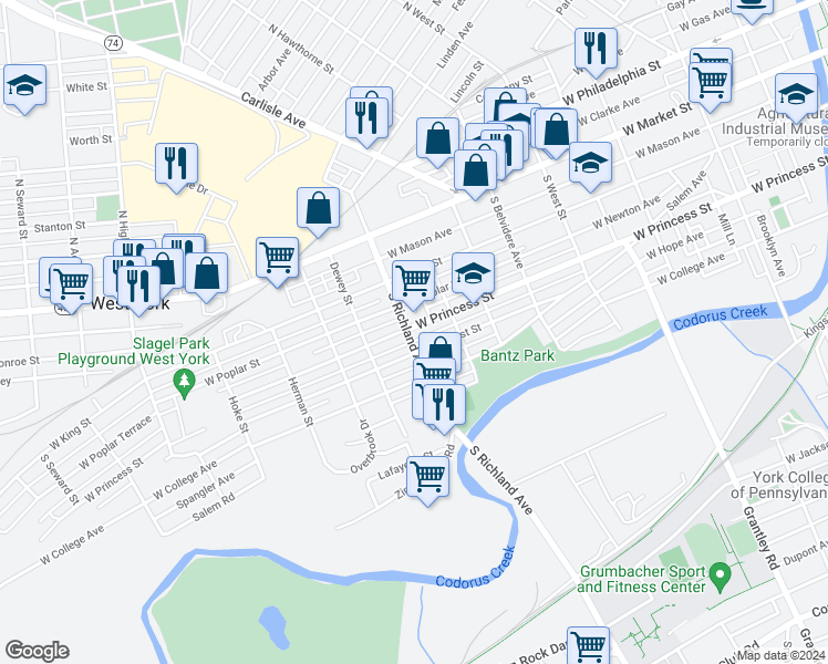 map of restaurants, bars, coffee shops, grocery stores, and more near 950 West Princess Street in York