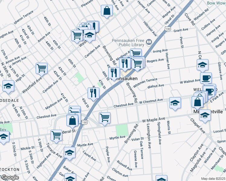 map of restaurants, bars, coffee shops, grocery stores, and more near 3200 48th Street in Pennsauken Township
