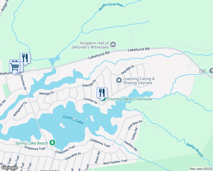 map of restaurants, bars, coffee shops, grocery stores, and more near 9 Muskogean Trail in Browns Mills