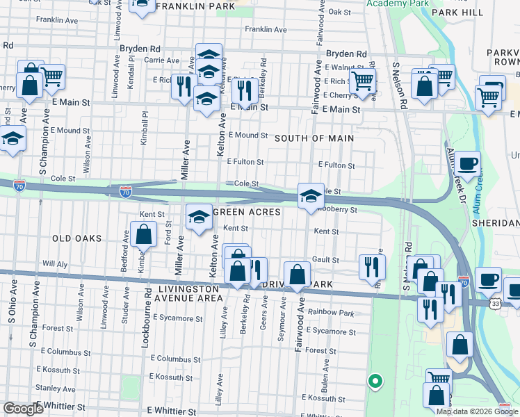 map of restaurants, bars, coffee shops, grocery stores, and more near 1591 Mooberry Street in Columbus