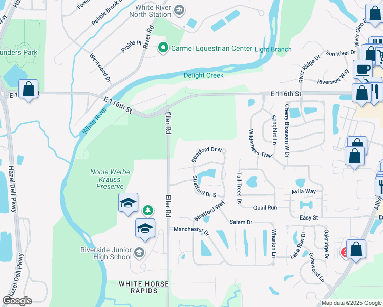 map of restaurants, bars, coffee shops, grocery stores, and more near 11226 Stratford Drive North in Fishers