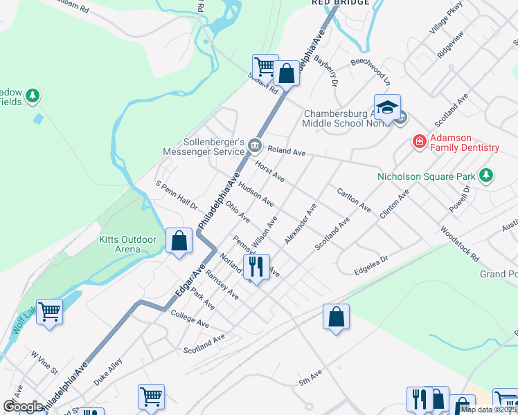 map of restaurants, bars, coffee shops, grocery stores, and more near 1534 Edgar Avenue in Chambersburg