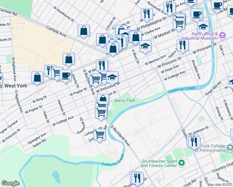 map of restaurants, bars, coffee shops, grocery stores, and more near 806 West Locust Street in York