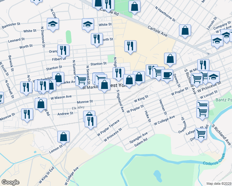 map of restaurants, bars, coffee shops, grocery stores, and more near 11 North Highland Avenue in West York