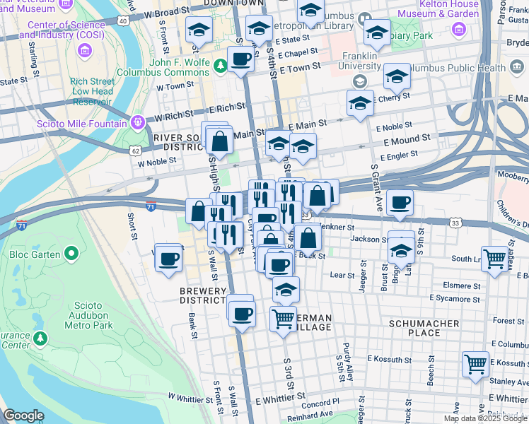 map of restaurants, bars, coffee shops, grocery stores, and more near S 3rd St & E Livingston Ave in Columbus