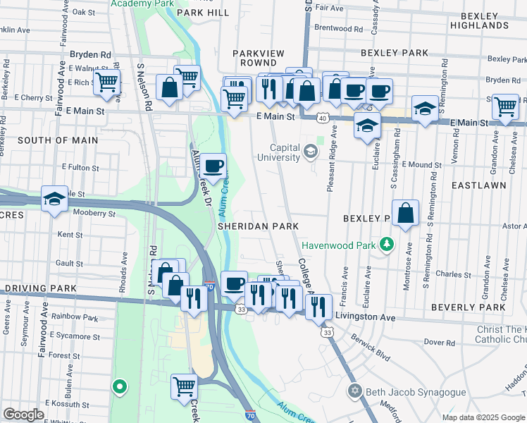 map of restaurants, bars, coffee shops, grocery stores, and more near Sheridan Avenue in Bexley