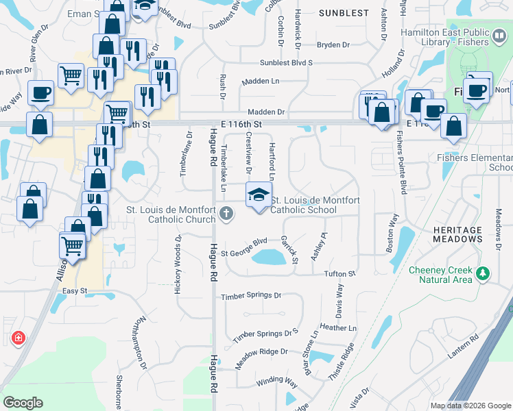 map of restaurants, bars, coffee shops, grocery stores, and more near 11441 Hague Road in Fishers