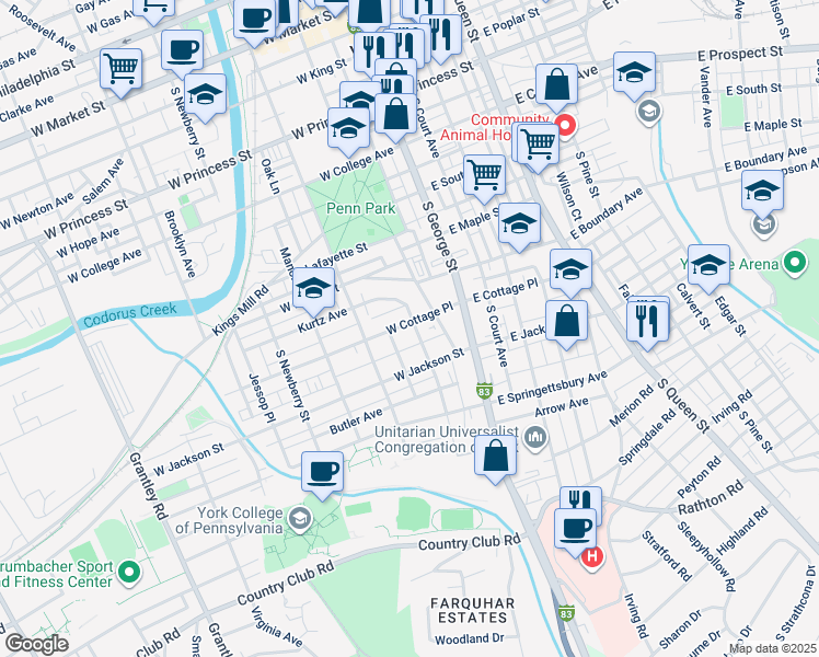 map of restaurants, bars, coffee shops, grocery stores, and more near 100 West Cottage Place in York