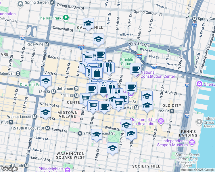 map of restaurants, bars, coffee shops, grocery stores, and more near 50 North 8th Street in Philadelphia