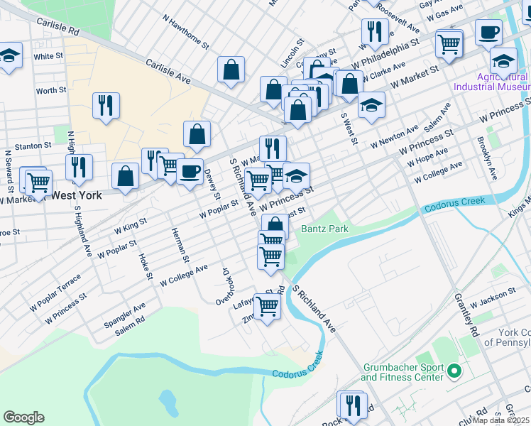map of restaurants, bars, coffee shops, grocery stores, and more near 936 West Princess Street in York