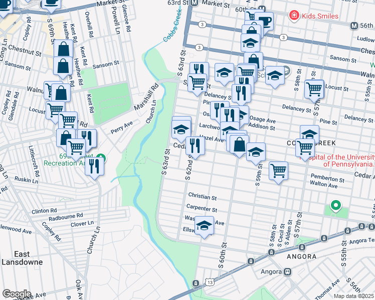 map of restaurants, bars, coffee shops, grocery stores, and more near 6210 Cedar Avenue in Philadelphia