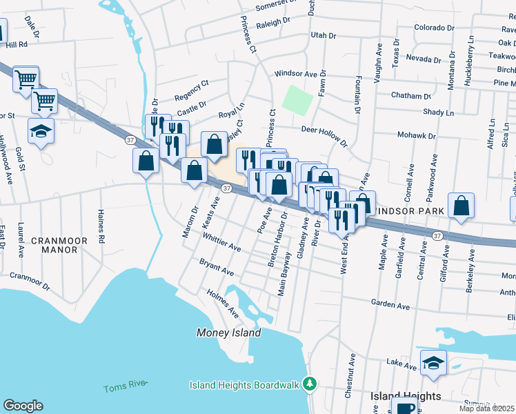 map of restaurants, bars, coffee shops, grocery stores, and more near 309 Poe Avenue in Toms River