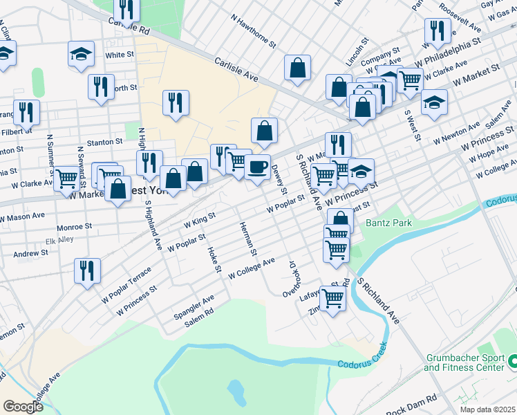 map of restaurants, bars, coffee shops, grocery stores, and more near 1221 West Poplar Street in York