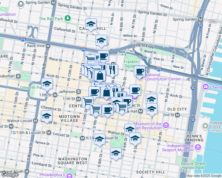 map of restaurants, bars, coffee shops, grocery stores, and more near 52 North 8th Street in Philadelphia