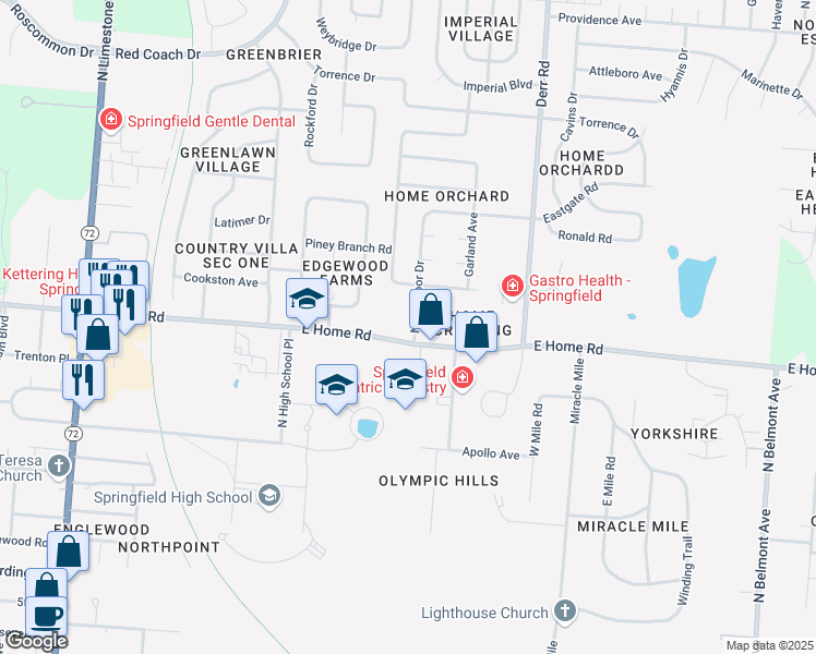 map of restaurants, bars, coffee shops, grocery stores, and more near 2305 Northmoor Drive in Springfield