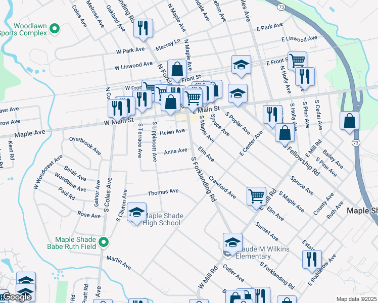 map of restaurants, bars, coffee shops, grocery stores, and more near 114 South Forklanding Road in Maple Shade