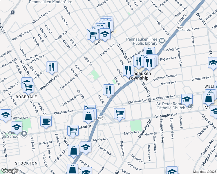 map of restaurants, bars, coffee shops, grocery stores, and more near 2525 46th Street in Pennsauken Township