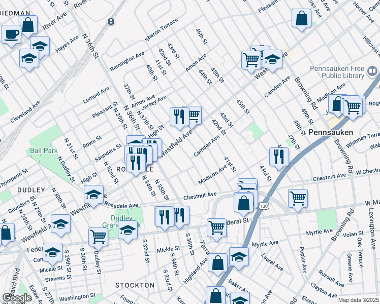 map of restaurants, bars, coffee shops, grocery stores, and more near 2213 39th Street in Pennsauken Township