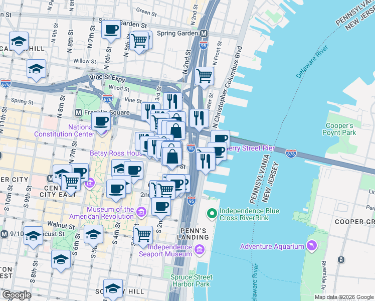 map of restaurants, bars, coffee shops, grocery stores, and more near 69 North 2nd Street in Philadelphia