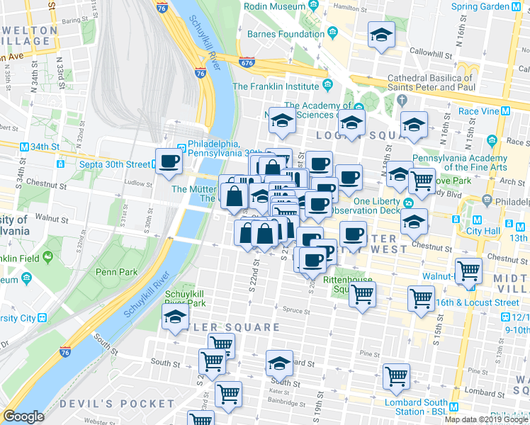 map of restaurants, bars, coffee shops, grocery stores, and more near in Philadelphia