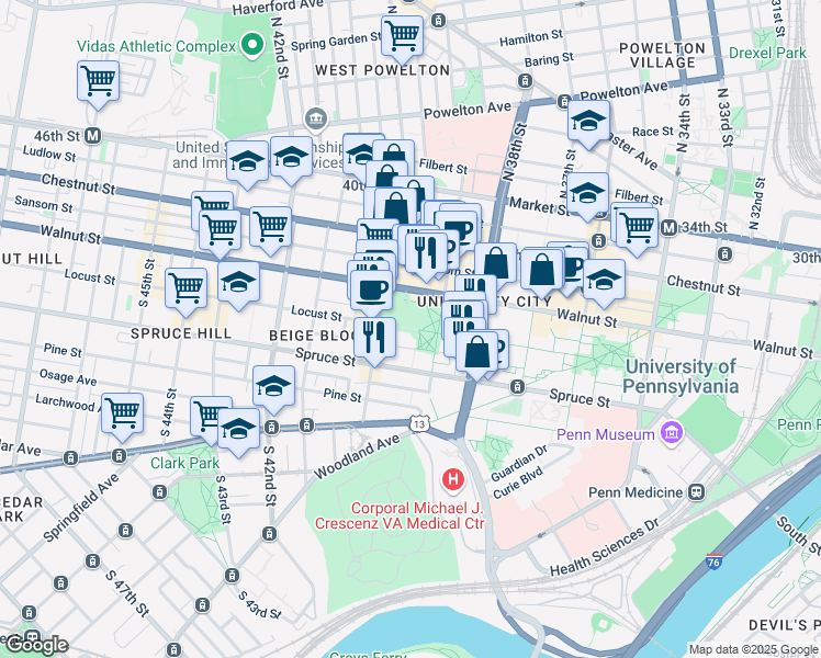 map of restaurants, bars, coffee shops, grocery stores, and more near 3914 Locust Walk in Philadelphia