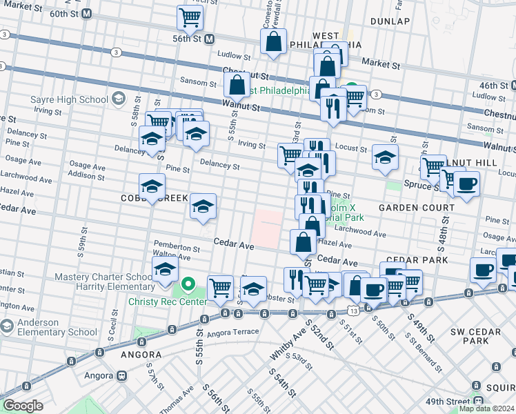 map of restaurants, bars, coffee shops, grocery stores, and more near 5331 Larchwood Avenue in Philadelphia