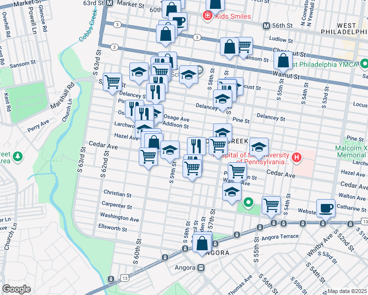 map of restaurants, bars, coffee shops, grocery stores, and more near 5847 Rodman Street in Philadelphia