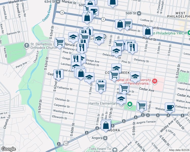 map of restaurants, bars, coffee shops, grocery stores, and more near 5842 Rodman Street in Philadelphia