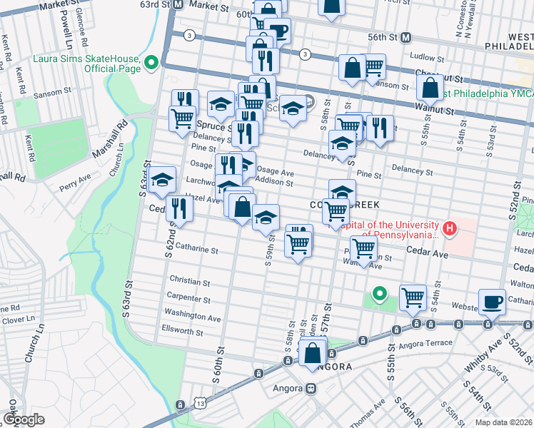 map of restaurants, bars, coffee shops, grocery stores, and more near 5919 Cedar Avenue in Philadelphia