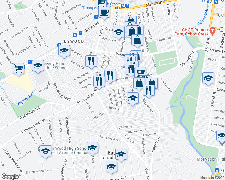 map of restaurants, bars, coffee shops, grocery stores, and more near 429 Hampden Road in Delaware County