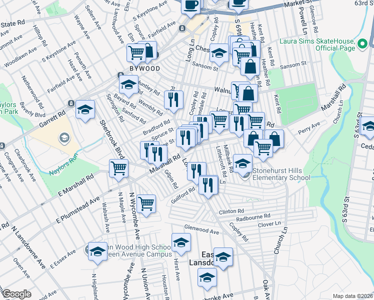 map of restaurants, bars, coffee shops, grocery stores, and more near 421 Grace Road in Delaware County