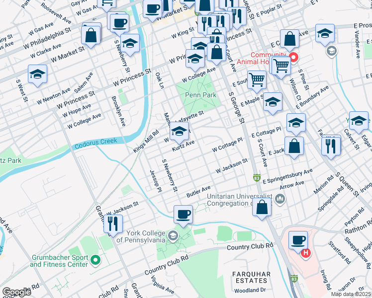map of restaurants, bars, coffee shops, grocery stores, and more near 226 Kurtz Avenue in York
