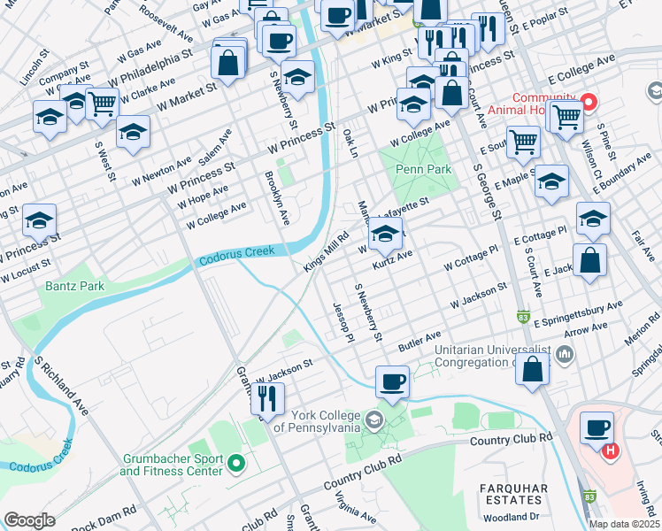 map of restaurants, bars, coffee shops, grocery stores, and more near 326 West Maple Street in York