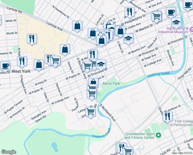 map of restaurants, bars, coffee shops, grocery stores, and more near 836 West Locust Street in York