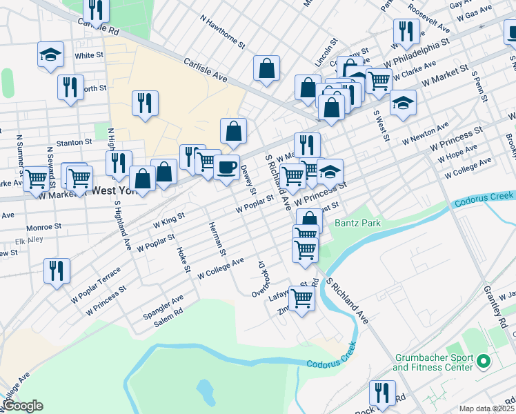 map of restaurants, bars, coffee shops, grocery stores, and more near 1107 West Princess Street in West York