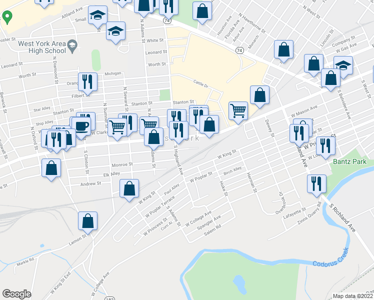 map of restaurants, bars, coffee shops, grocery stores, and more near 50 South Highland Avenue in West York