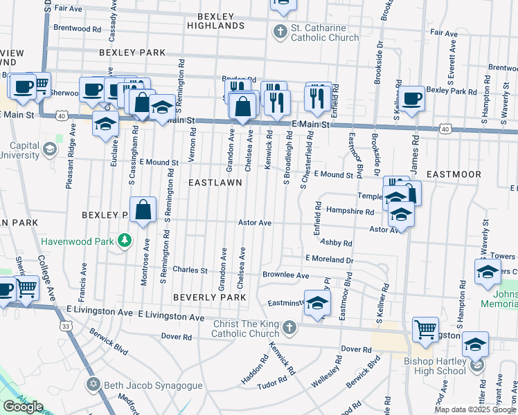 map of restaurants, bars, coffee shops, grocery stores, and more near 863 Kenwick Road in Columbus