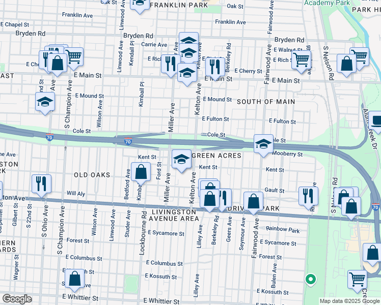 map of restaurants, bars, coffee shops, grocery stores, and more near in Columbus