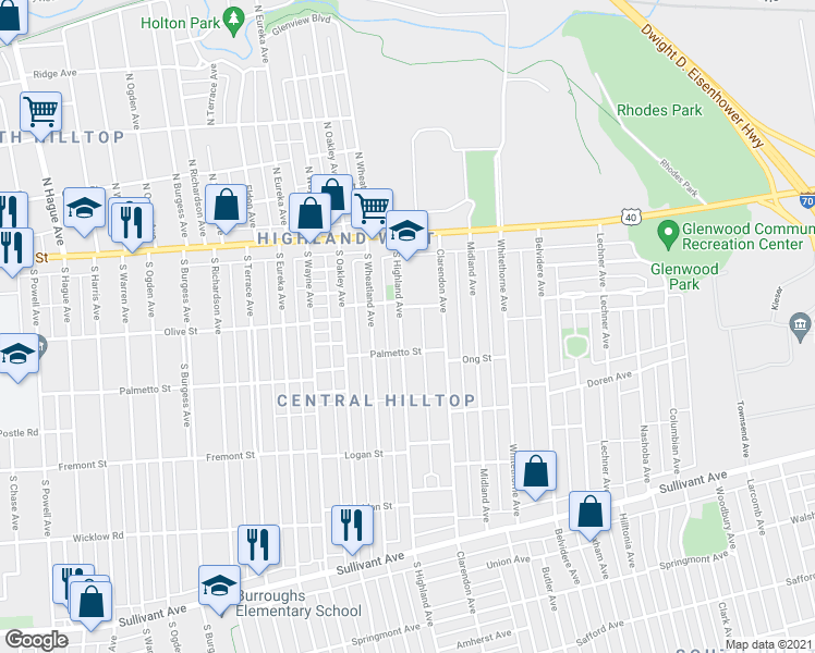 map of restaurants, bars, coffee shops, grocery stores, and more near 143 South Highland Avenue in Columbus