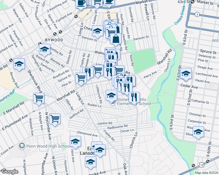 map of restaurants, bars, coffee shops, grocery stores, and more near 505 Timberlake Road in Delaware County