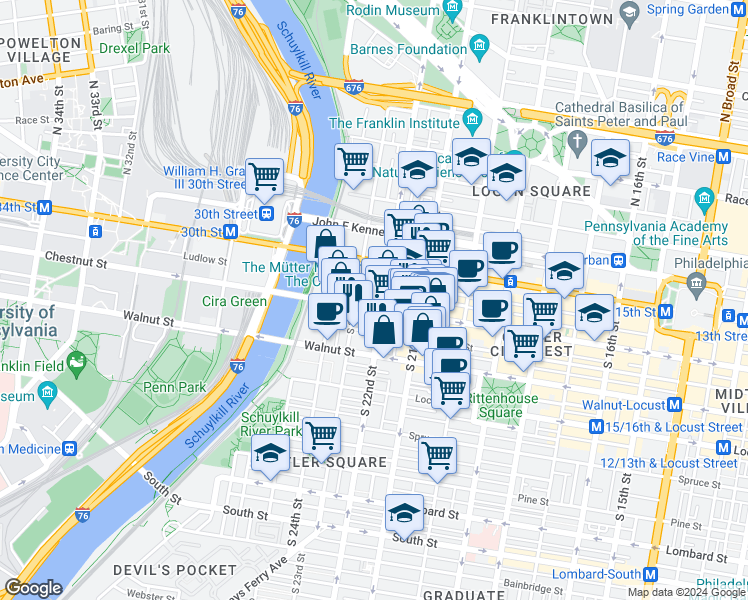 map of restaurants, bars, coffee shops, grocery stores, and more near 2207 Chestnut Street in Philadelphia