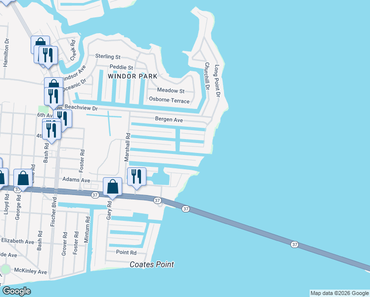 map of restaurants, bars, coffee shops, grocery stores, and more near 3450 Maritime Drive in Toms River