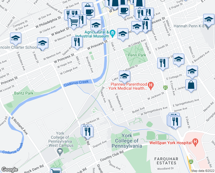 map of restaurants, bars, coffee shops, grocery stores, and more near 324 West Maple Street in York