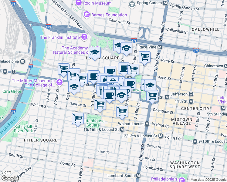 map of restaurants, bars, coffee shops, grocery stores, and more near 30 South 17th Street in Philadelphia