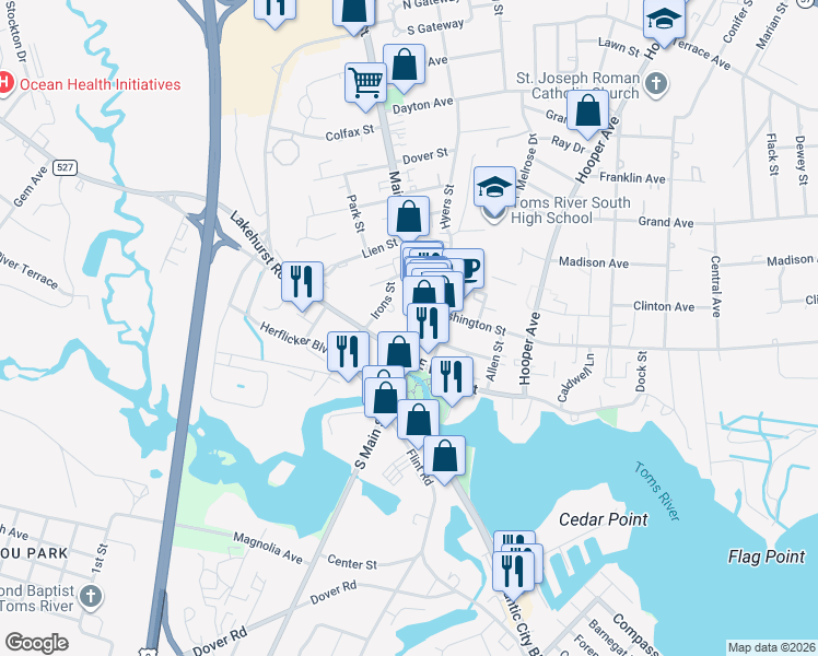 map of restaurants, bars, coffee shops, grocery stores, and more near 7 West Water Street in Toms River