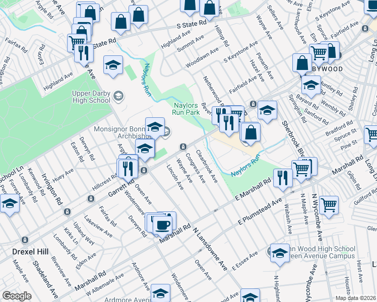 map of restaurants, bars, coffee shops, grocery stores, and more near in Drexel Hill