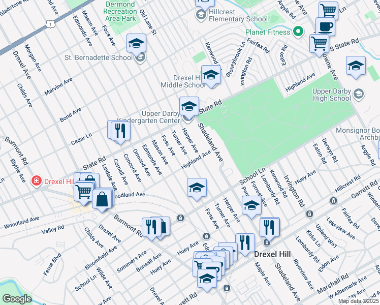 map of restaurants, bars, coffee shops, grocery stores, and more near 715 Turner Avenue in Drexel Hill