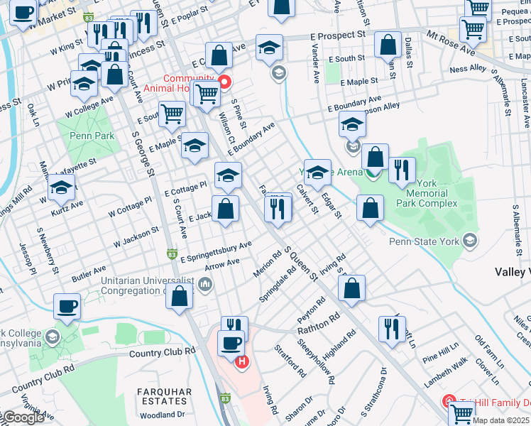 map of restaurants, bars, coffee shops, grocery stores, and more near 825 South Queen Street in York